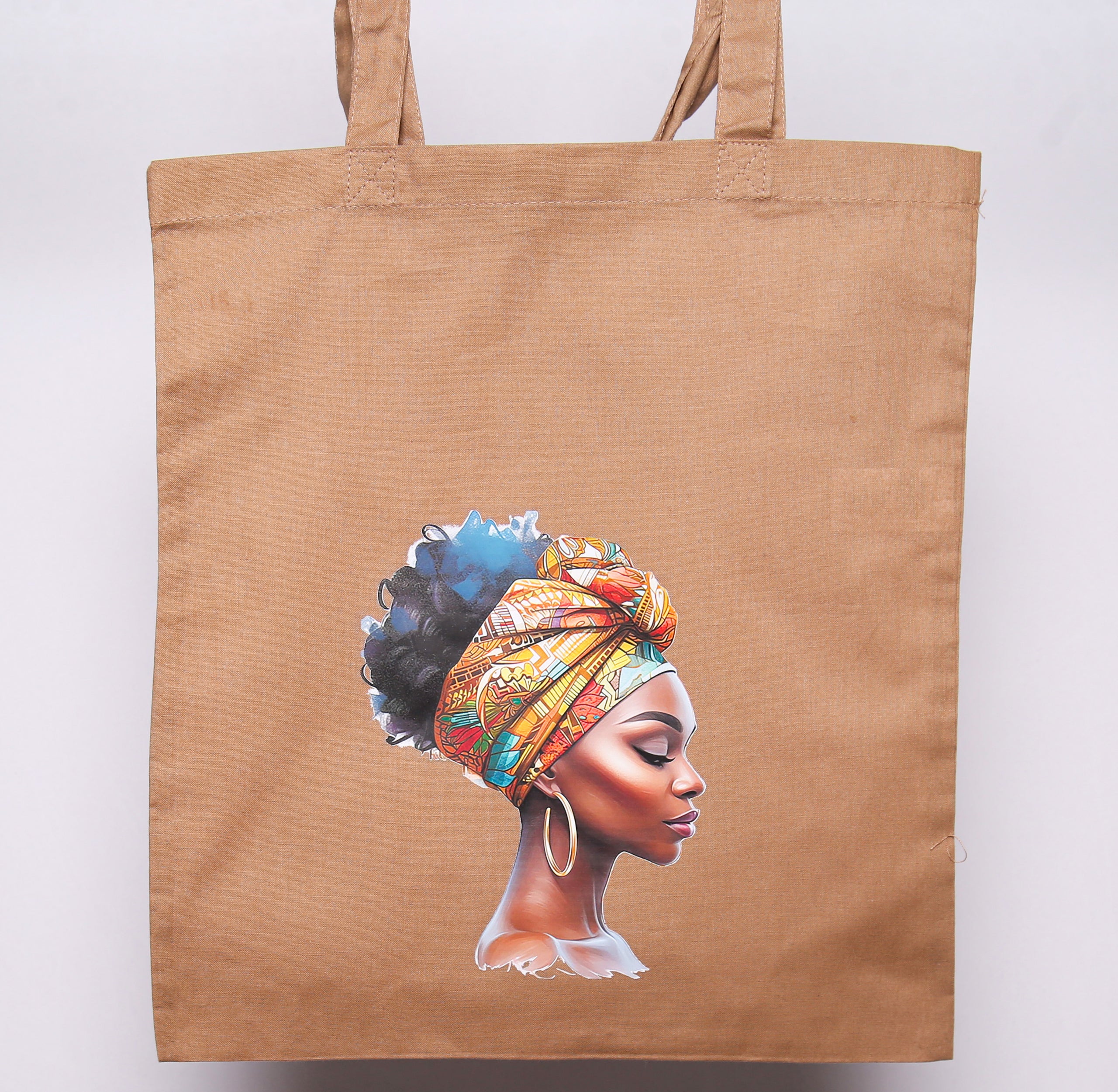 Tan cotton tote bag with African print