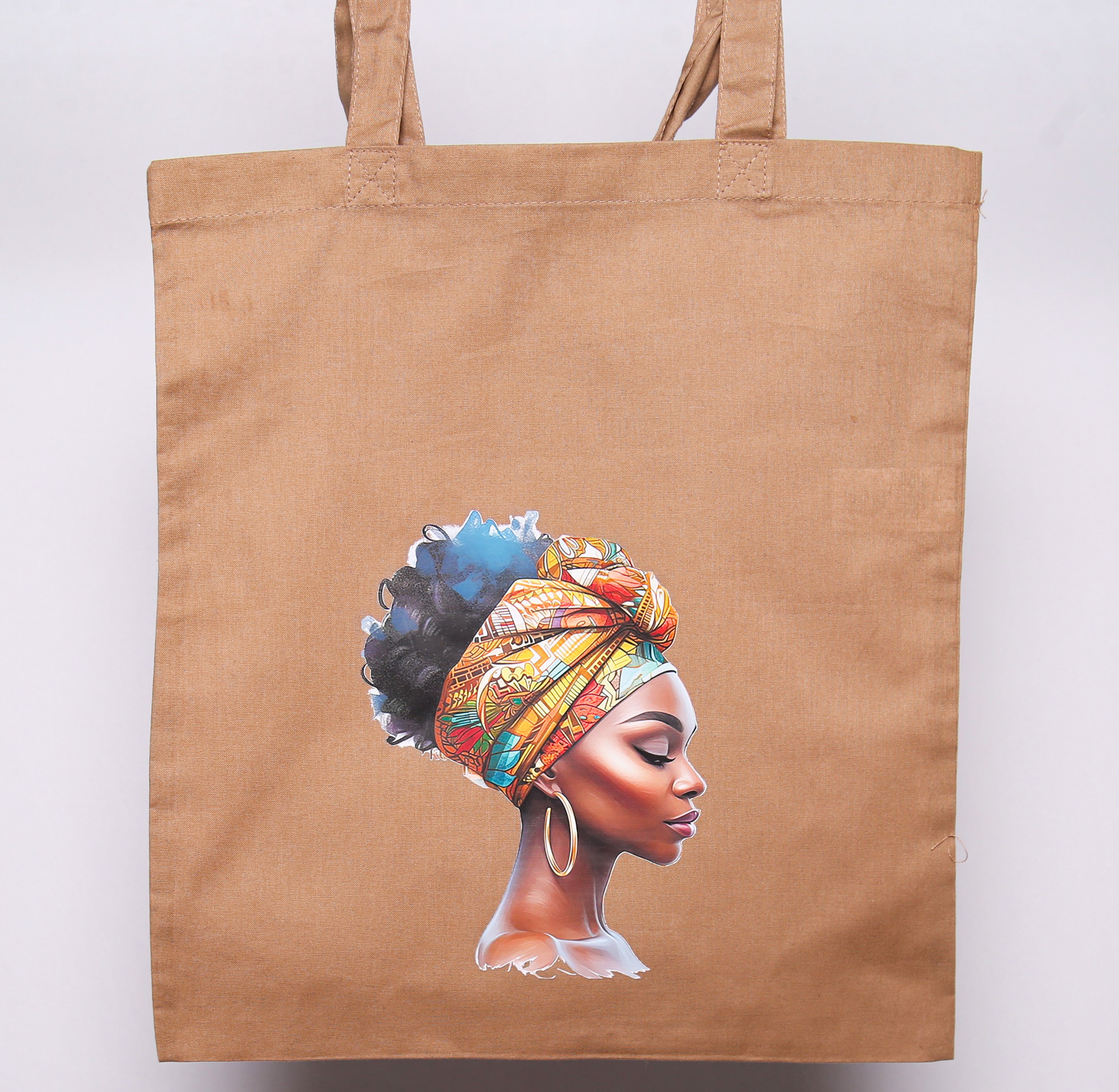 Tan cotton tote bag with African print