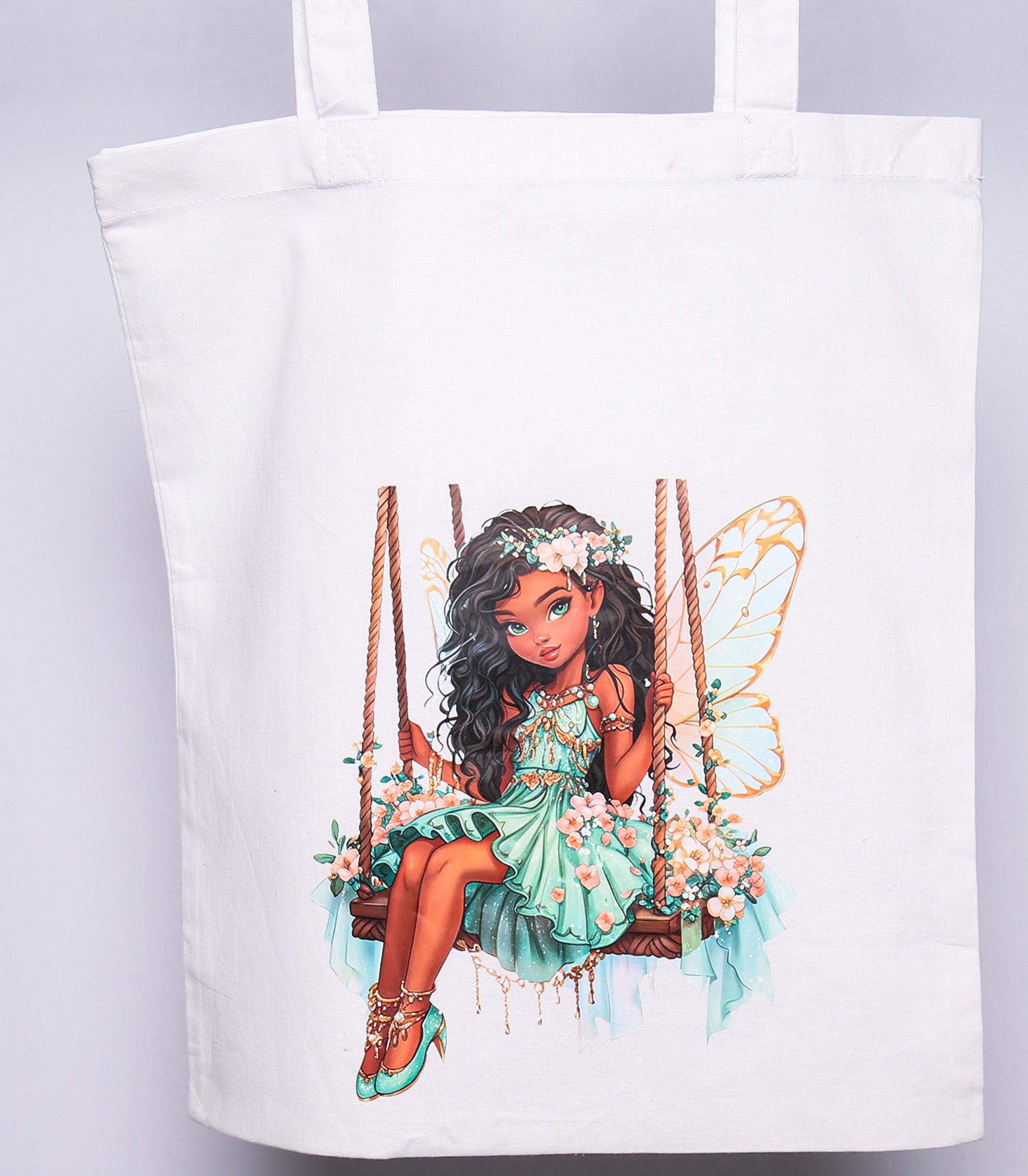 White cotton tote bag with fairy design