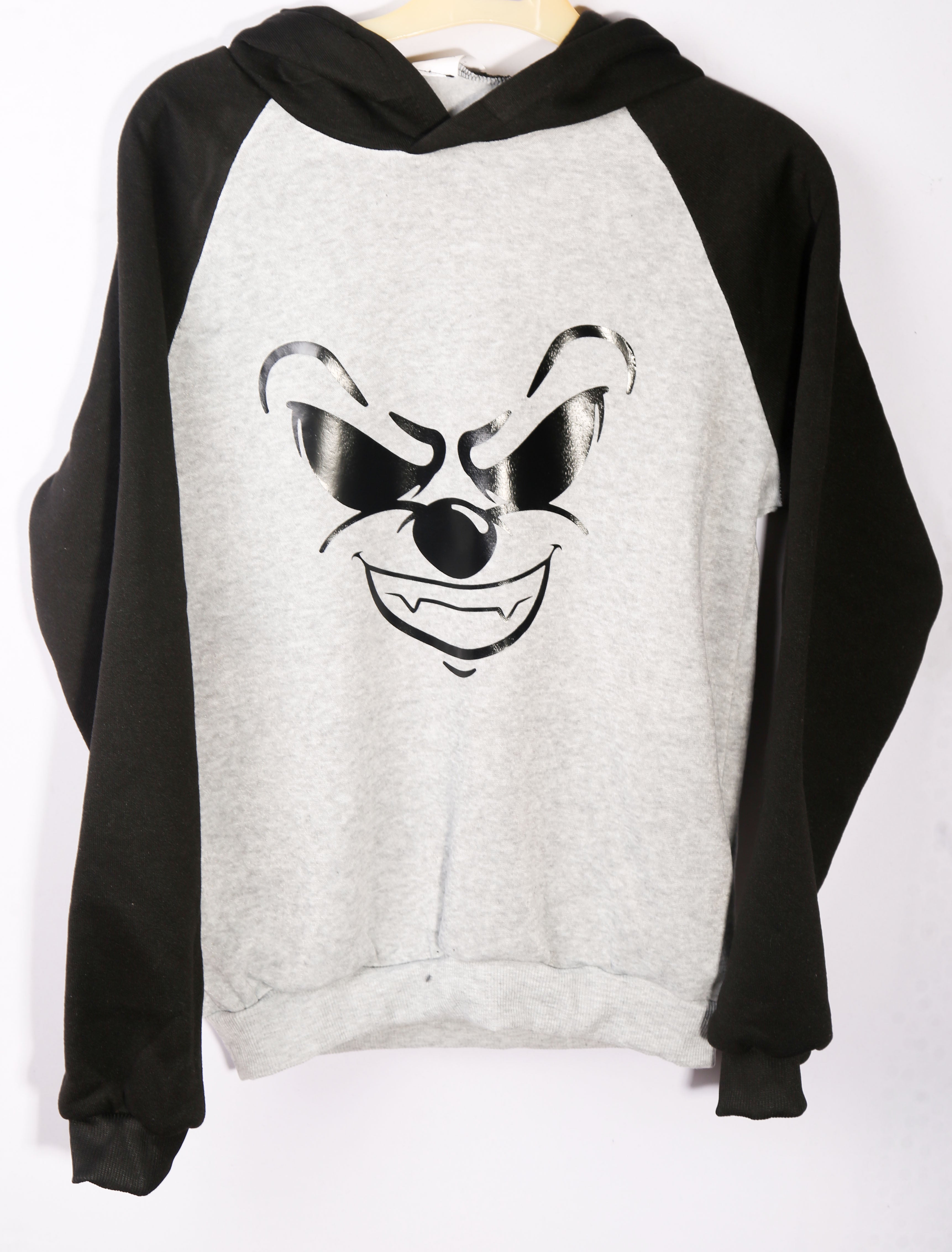Grinning Bear Hoodie – Grey & Black Graphic Hoodie (Age 12–13)