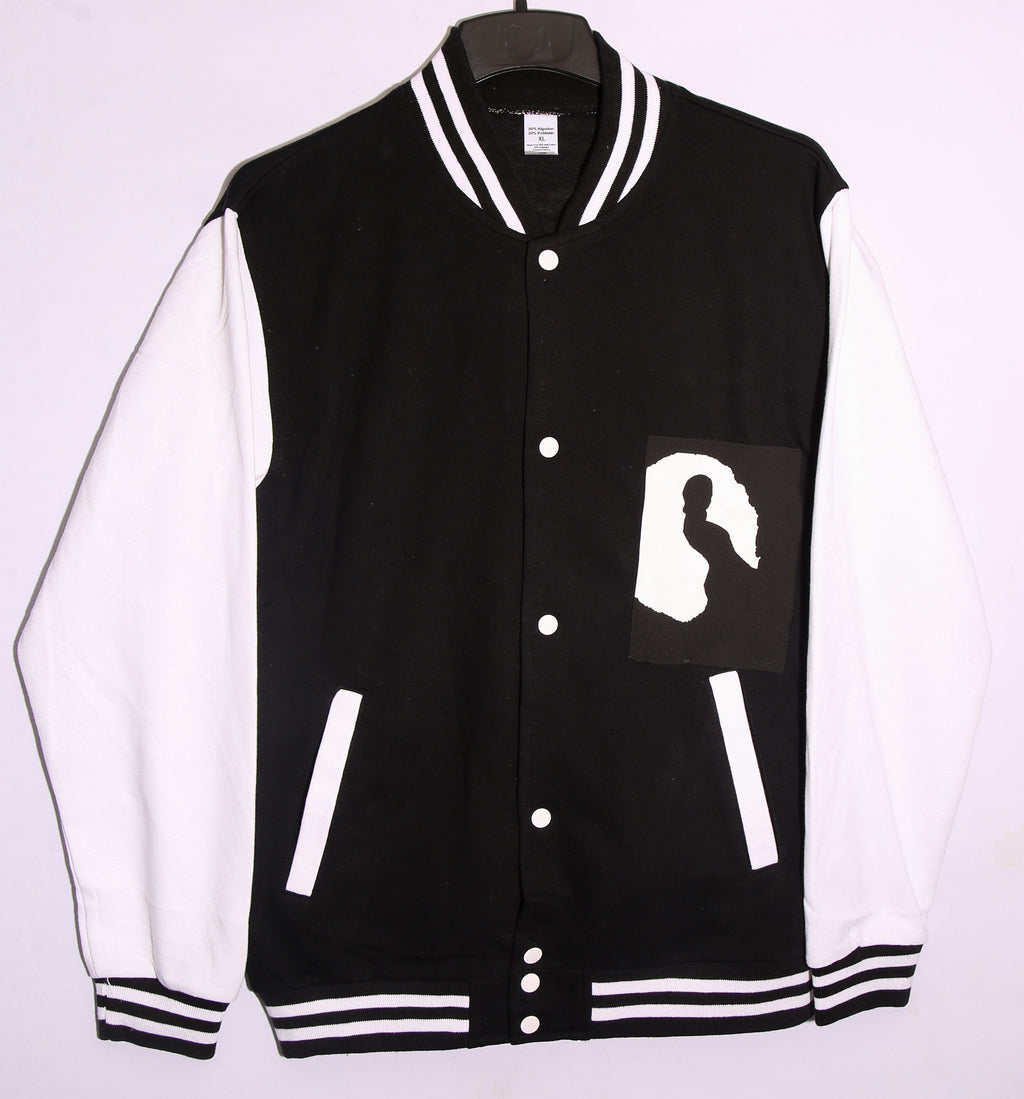 Oversized Silhouette Graphic Varsity Jacket – Black Streetwear Bomber Jacket (Unisex Fit)