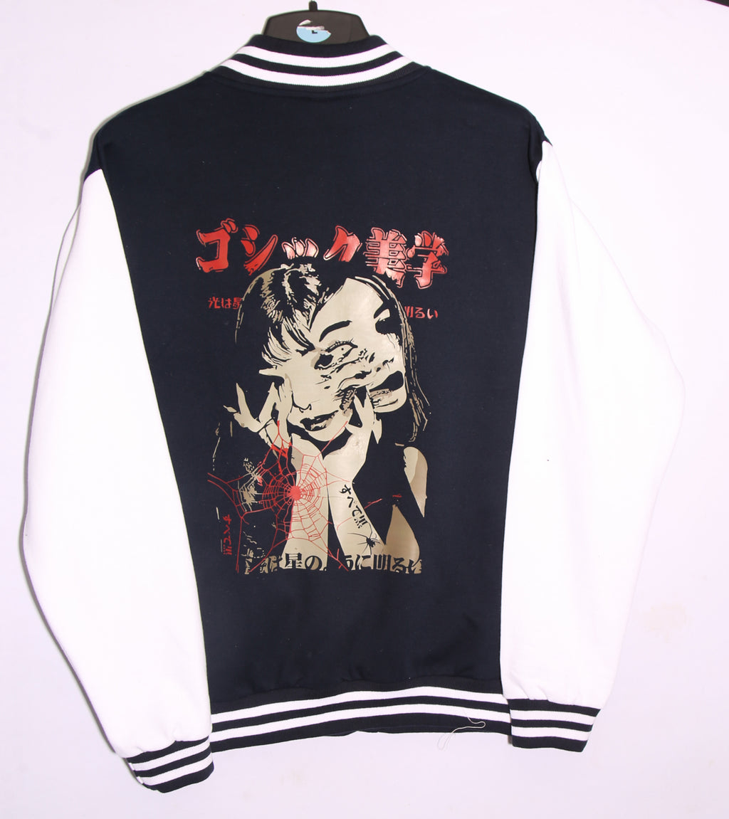 Tomie Anime-Inspired Varsity Jacket – Dark Blue Streetwear Bomber Jacket (Unisex Fit)
