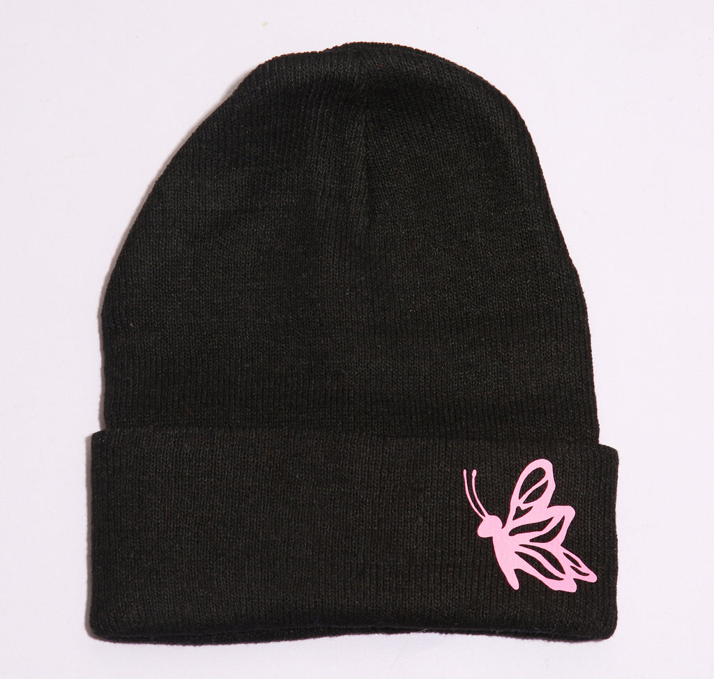 Butterfly Beanie – Black Knit Beanie with Pink Butterfly Graphic (One Size)