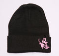 Butterfly Beanie – Black Knit Beanie with Pink Butterfly Graphic (One Size)