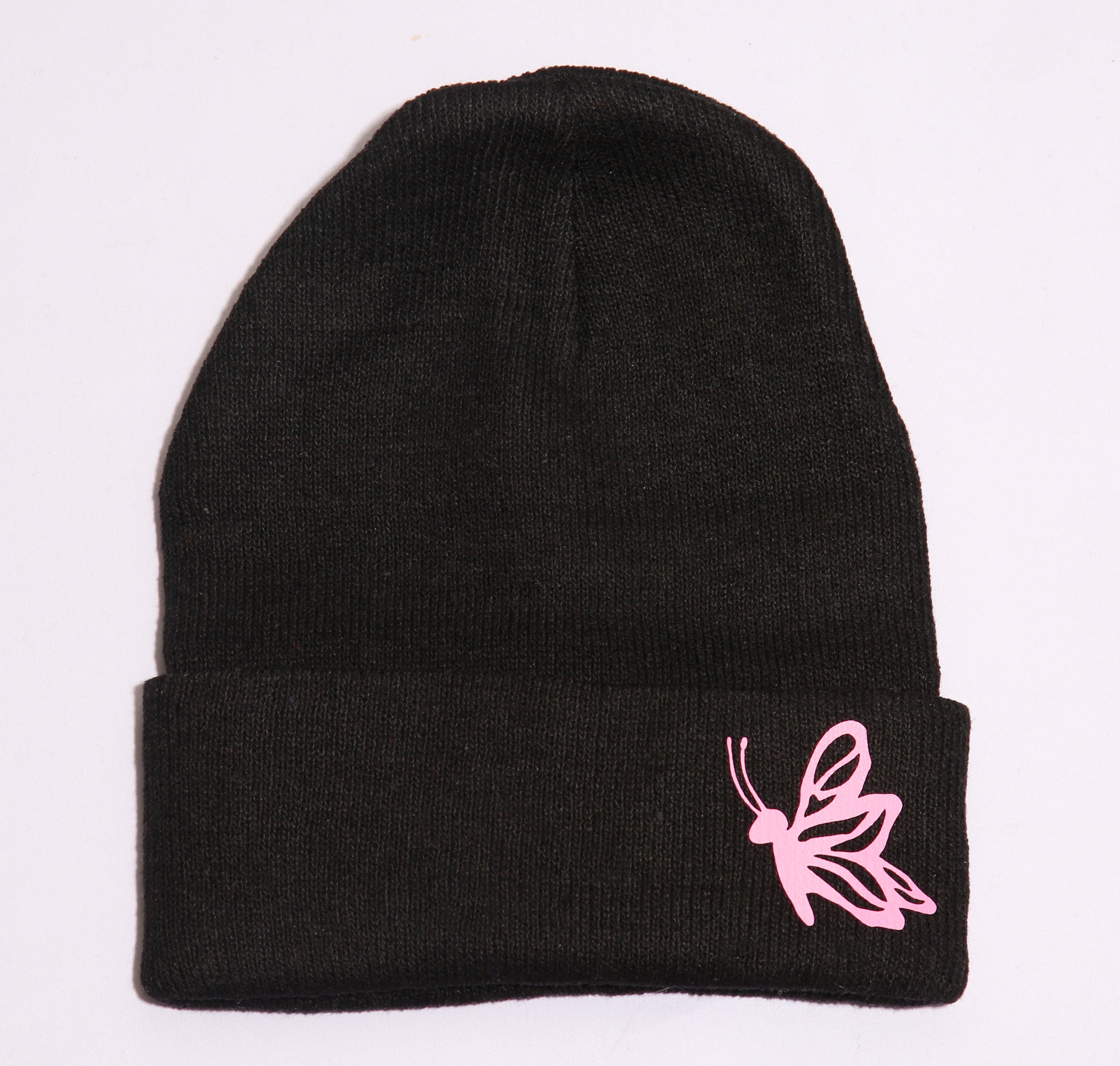 Butterfly Beanie – Black Knit Beanie with Pink Butterfly Graphic (One Size)