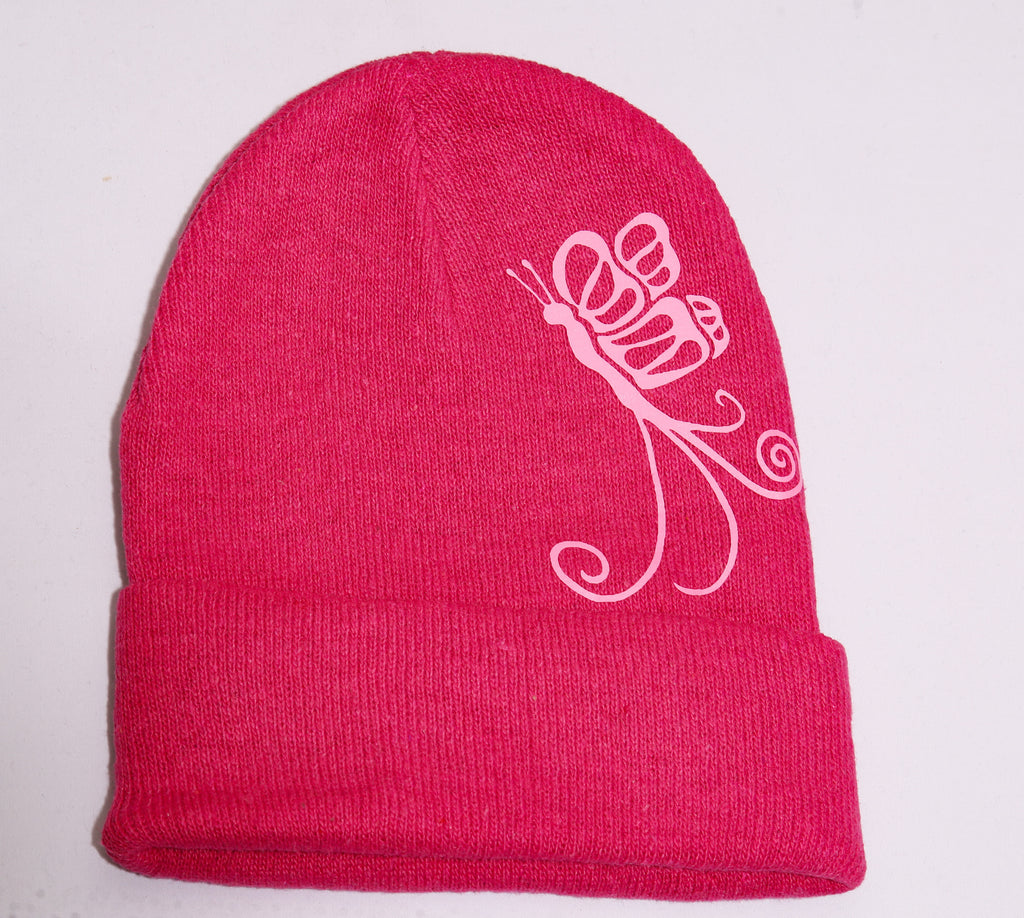 Pink Butterfly Beanie – Pink Graphic Knit Beanie (One Size)