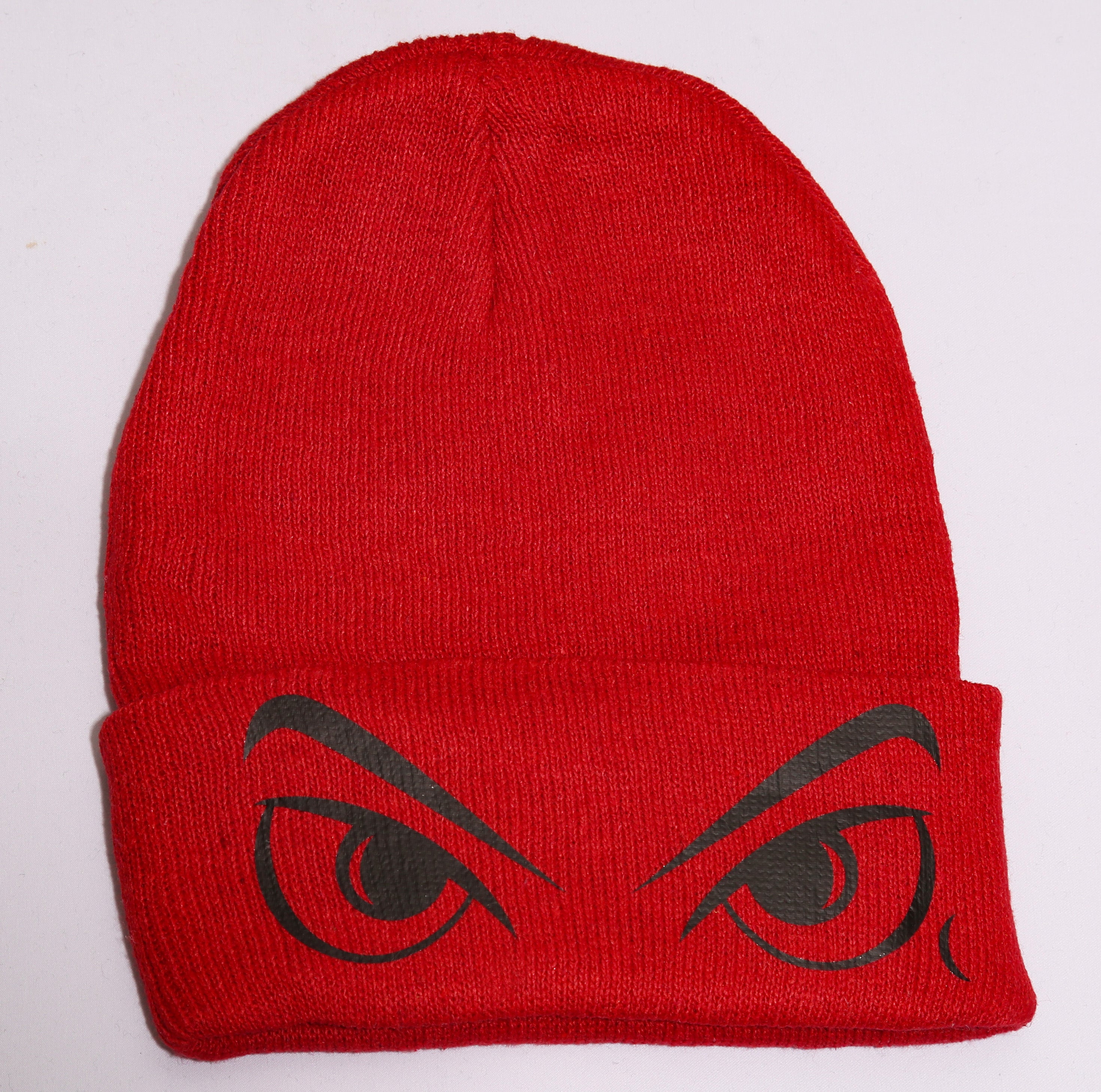 Red “Eyes” Beanie – Red Graphic Knit Beanie (One Size)