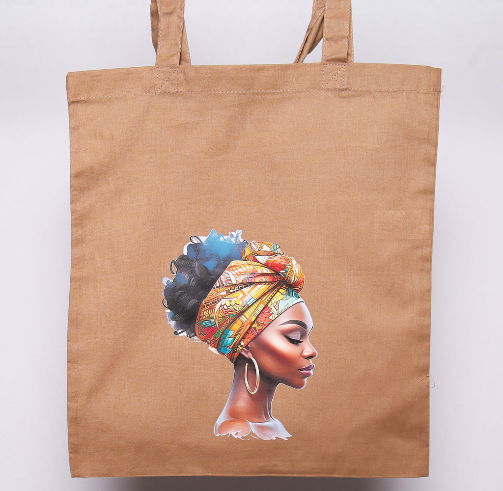 Tan cotton tote bag with African print