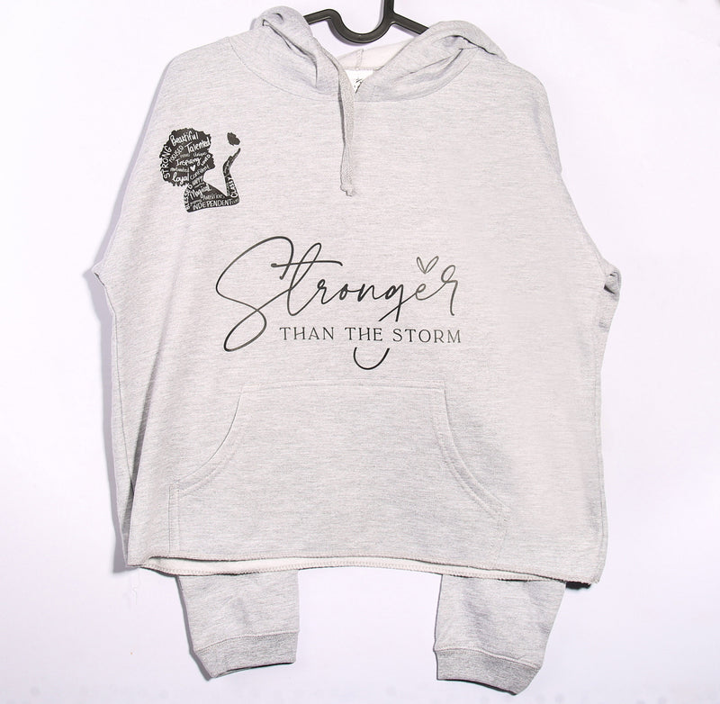 “Stronger Than the Storm” Hoodie – Grey Graphic Hoodie (Size 12–14)