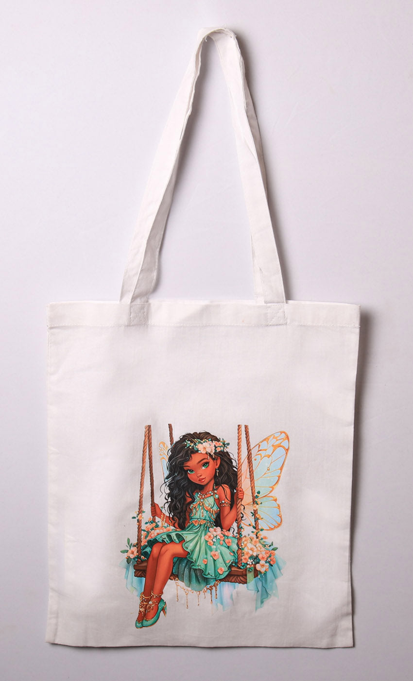White cotton tote bag with fairy design