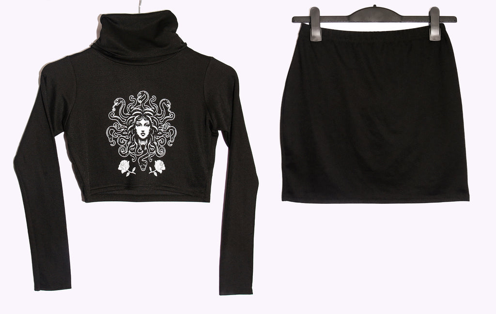 Two-Piece Crop Top & Skirt Set – Black Medusa Design Set (Size 12)