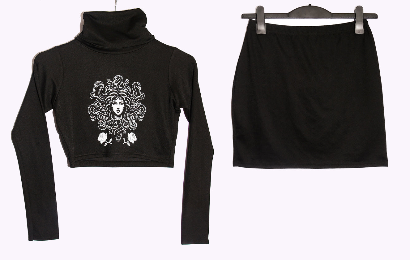 Two-Piece Crop Top & Skirt Set – Black Medusa Design Set (Size 12)