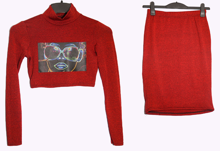 Two-Piece Crop Top & Skirt Set – Red Artsy Design Set